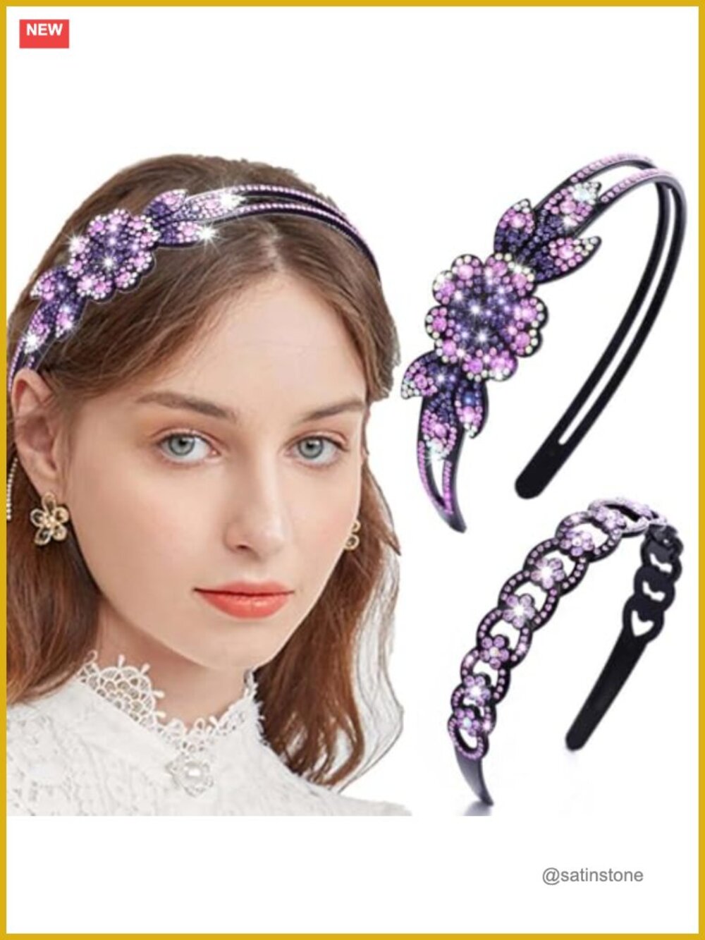 Rhinestone Crystal Floral Bejeweled Headband Double Row Non-Slip Hair Hoop